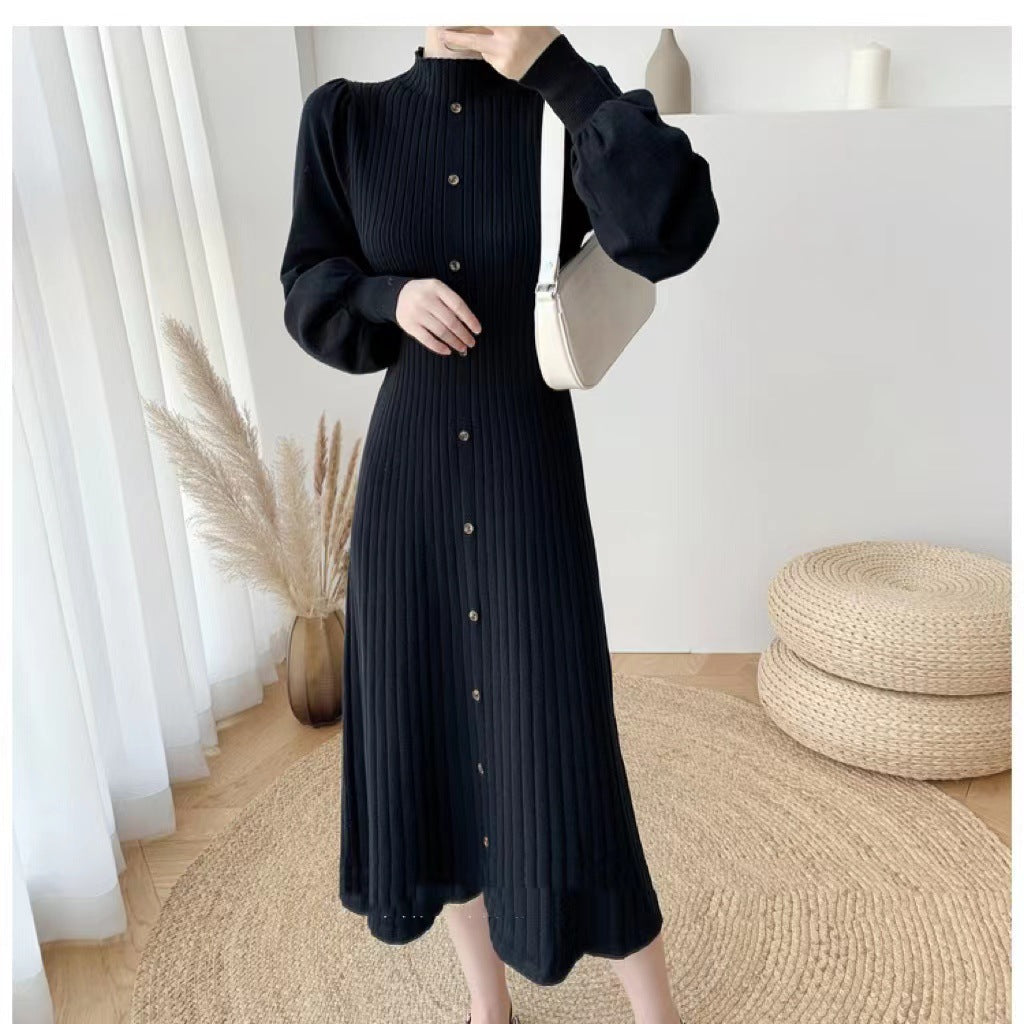 Damen Elegantes, gerippteres Knopfkleid mit langen Ärmeln