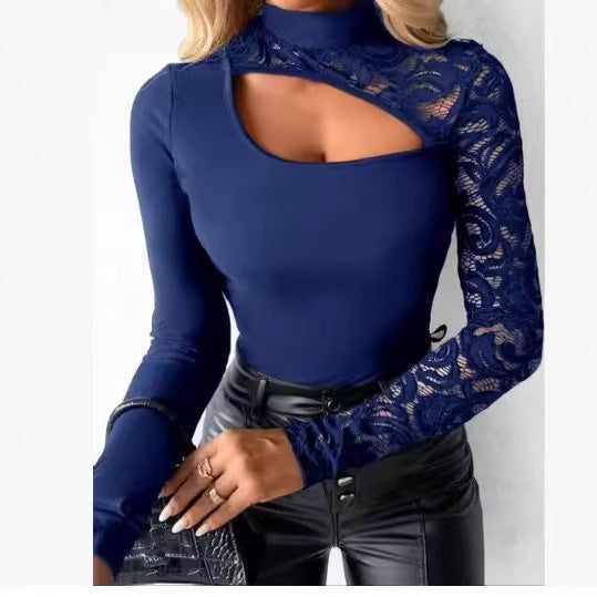 Damen Elegantes Oberteil mit transparenten Spitzenärmeln und asymmetrischem Ausschnitt R&B