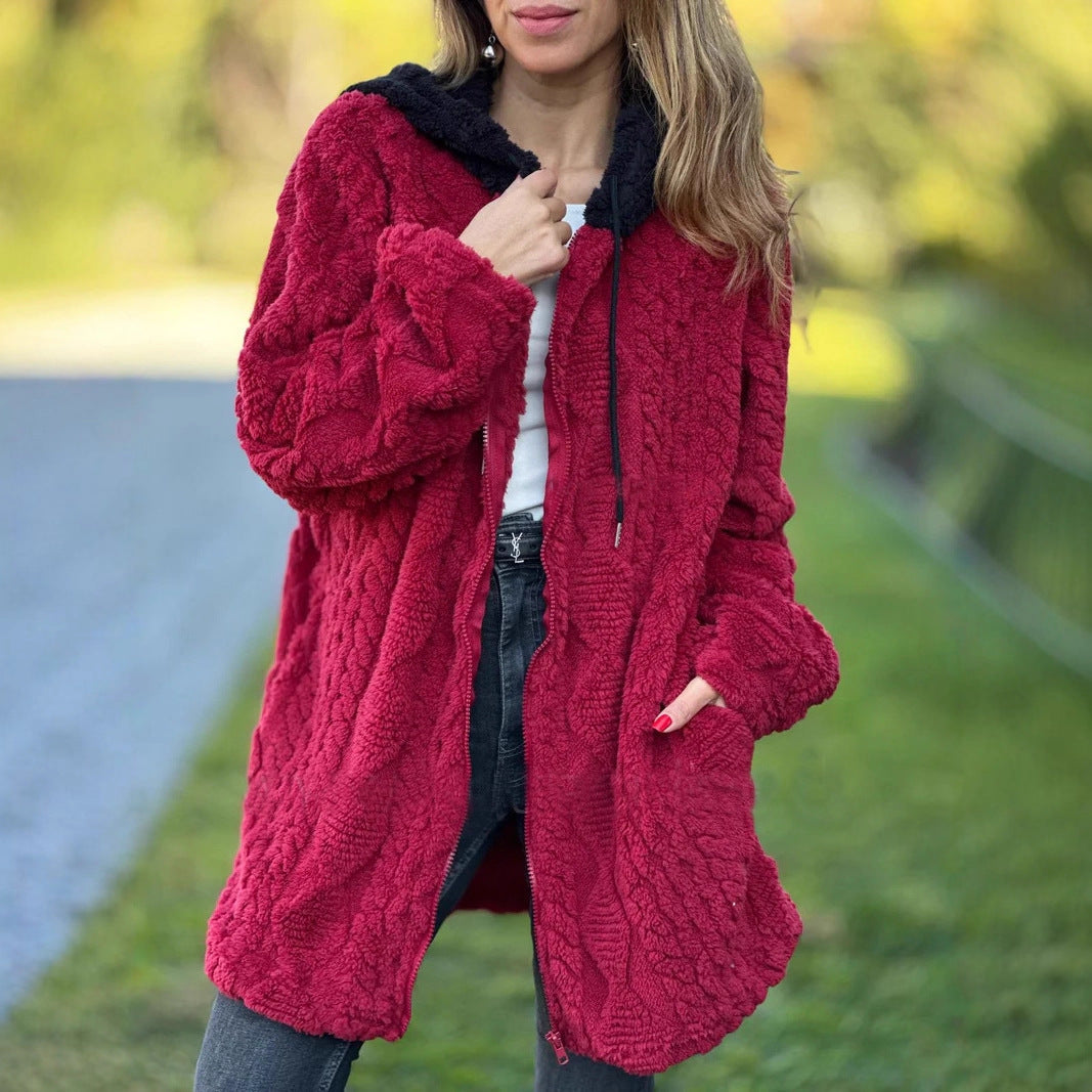 Damen Übergroße Fleecejacke mit Kapuze und Reißverschluss