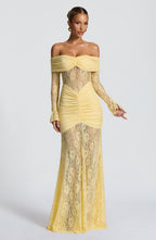 Damen elegantes Spitzenkleid mit Off-Shoulder-Ausschnitt und Raffungen R&B
