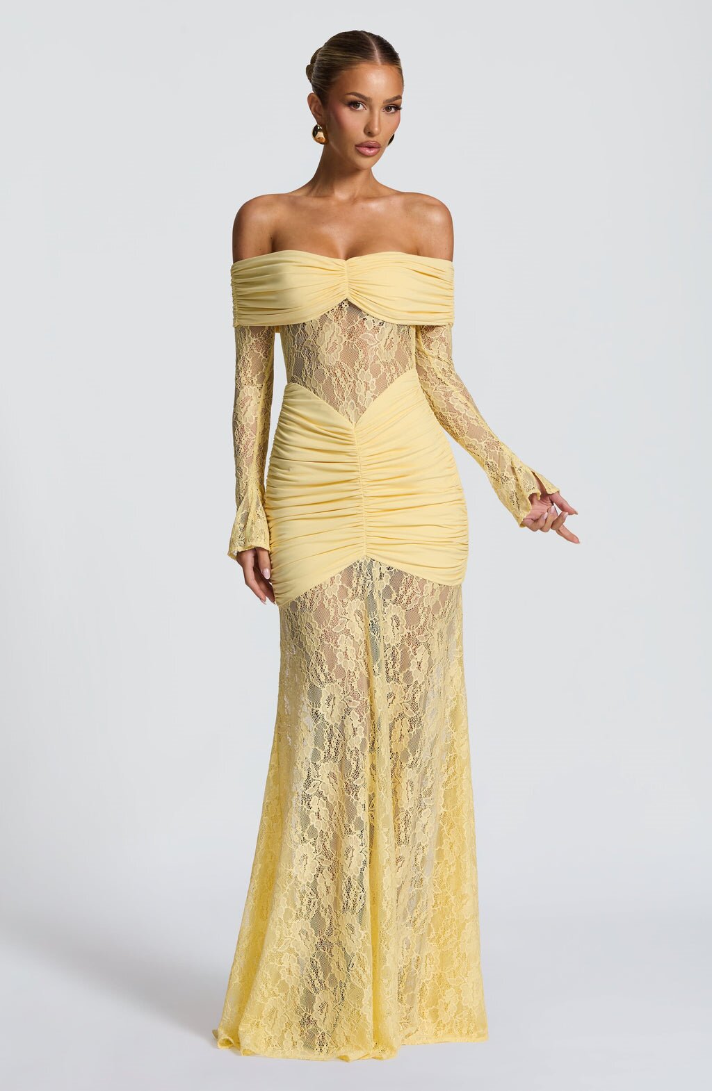 Damen elegantes Spitzenkleid mit Off-Shoulder-Ausschnitt und Raffungen R&B