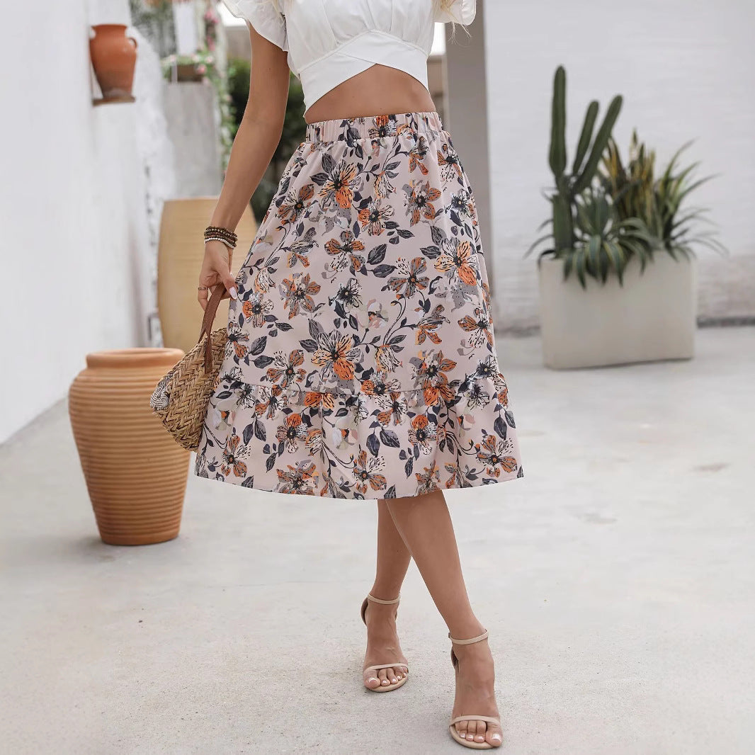Damen Midi-Rock mit floralem Volantabschluss und elastischem Bund R&B