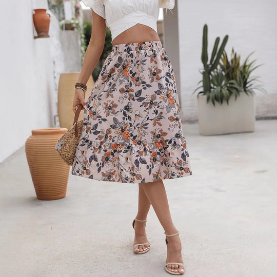 Damen Midi-Rock mit floralem Volantabschluss und elastischem Bund R&B