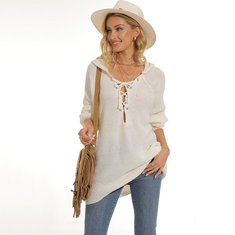 Damen lässiger Strickpullover mit einzigartigem Schnürdesign und lockerer Passform R&B