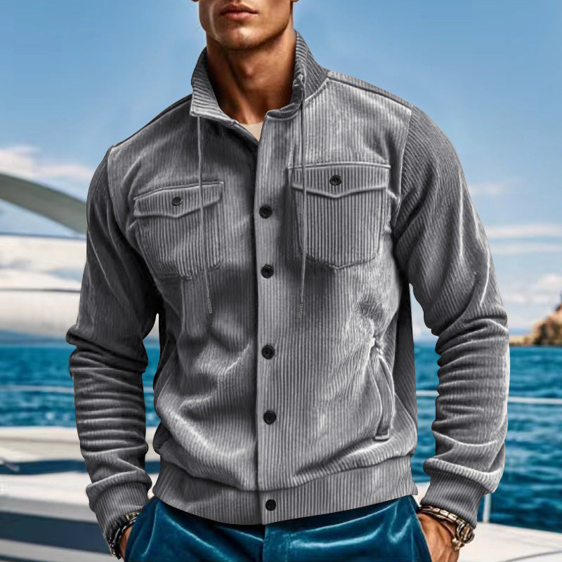 Herren nan lässige fein gerippte Cordjacke mit Stehkragen, Brusttaschen und elastischem Saum R&B