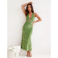 Damen elegantes Maxikleid mit tiefem V-Ausschnitt und transparentem Design R&B