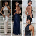 Damen Glitzerndes Abendkleid mit hohem Kragen und figurbetonter Silhouette EB