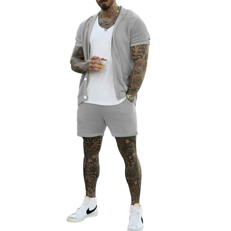 Damen Luftiges Netz-Pyjama-Set mit praktischen Taschen und Knopfleiste R&B