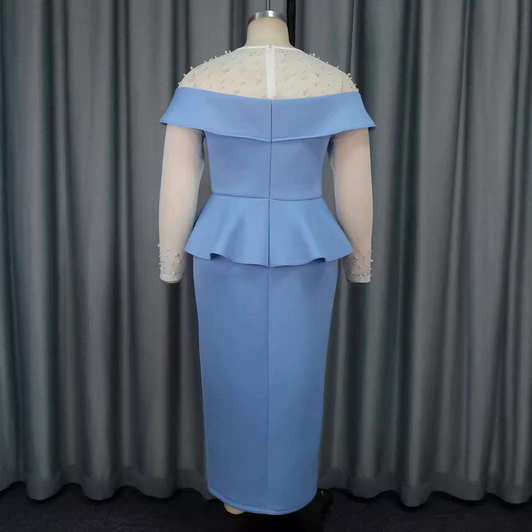 Damen elegantes Midi-Kleid mit schulterfreiem Design und Rüschenelement R&B