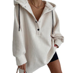 Damen nan kuscheliges Kapuzen-Fleece-Tunika-Sweatshirt mit Druckknopfleiste und überschnittener Schulter R&B