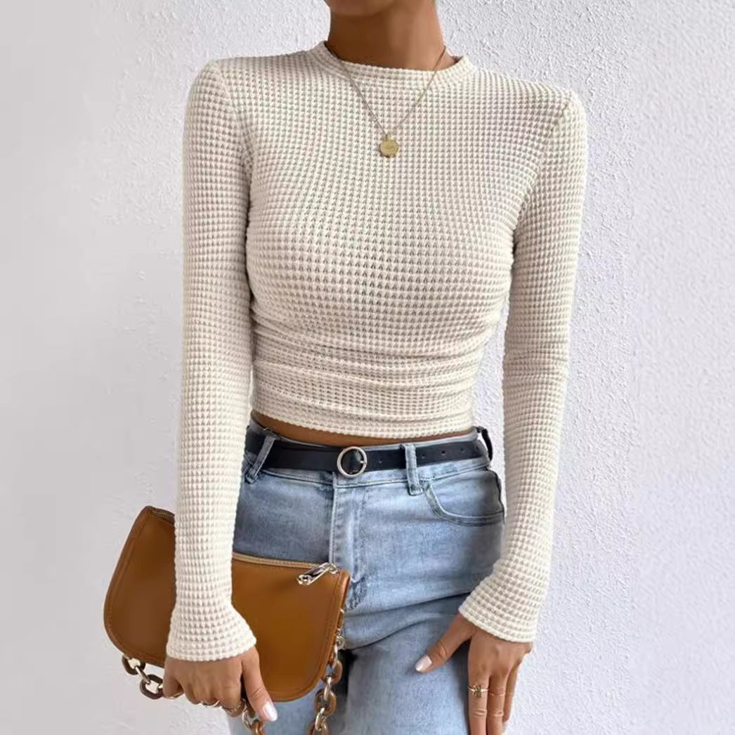 Damen modisches langärmliges Crop-Top mit Waffelstruktur R&B