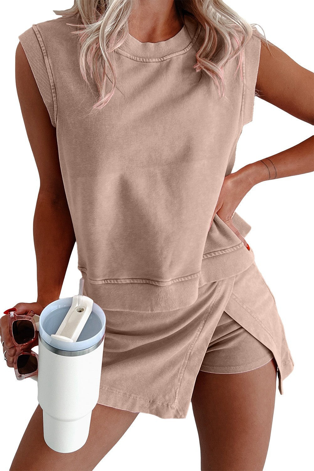Damen nan lässiges Jerseystoff-Zweiteiler-Set mit ärmellosem kastigem Top und Wickel-Shortrock mit eingearbeiteten Shorts R&B