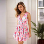 Damen Blumengemustertes Sommerkleid mit tiefem V-Ausschnitt und Rüschensaum