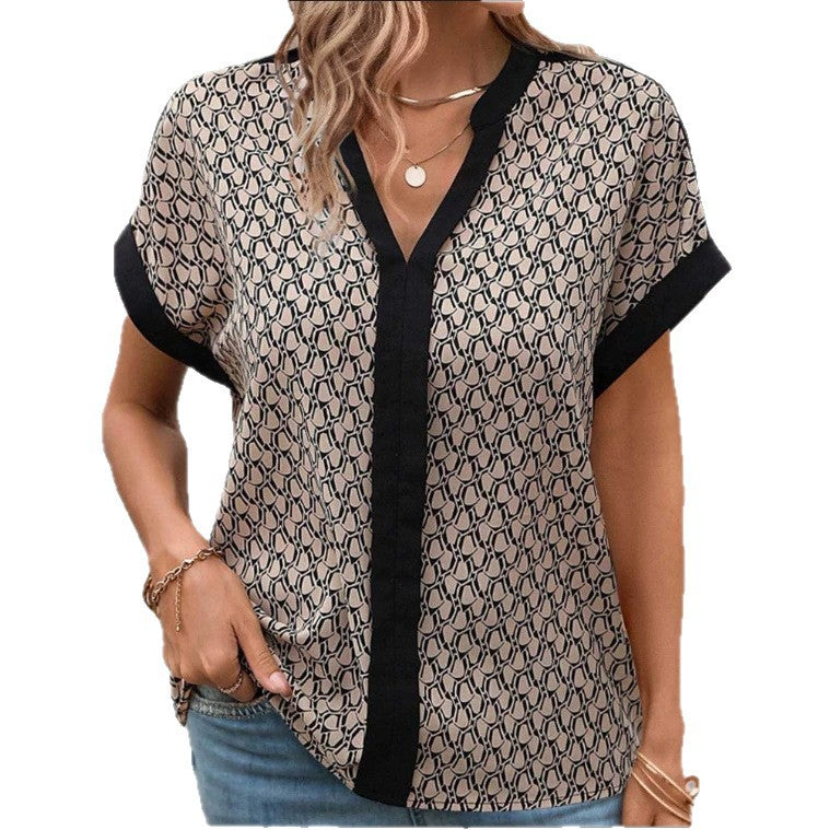 Damen nan leichte kastige Bluse in Krepp-Optik mit V-Ausschnitt und Kontrastpaspel R&B
