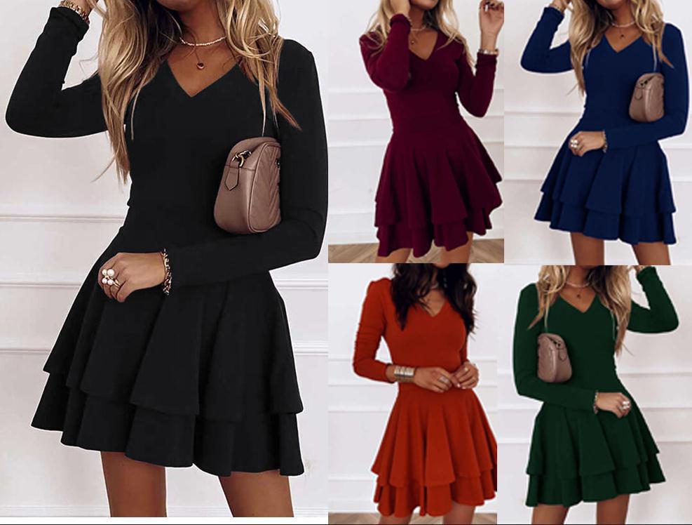 Damen Minikleid mit voluminösen Rüschensaum und V-Ausschnitt R&B