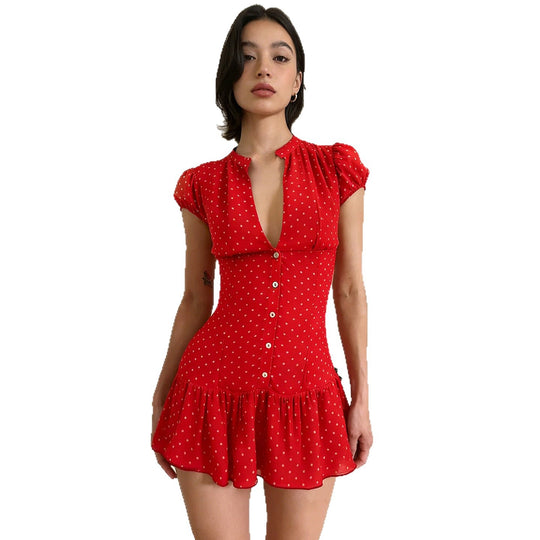 Damen verspieltes Polka Dot Kleid mit knopfbarem Ausschnitt und voluminösem Saum R&B