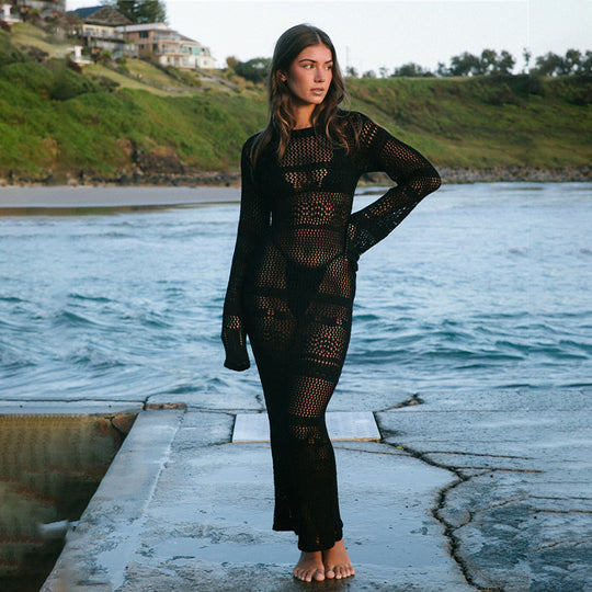 Damen Häkel-Strandkleid mit langem Schnitt und Boxermuster R&B