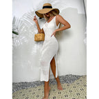 Damen Häkel-Midi-Kleid mit sexy seitlichen Schlitzen und raffiniertem Netzdesign R&B