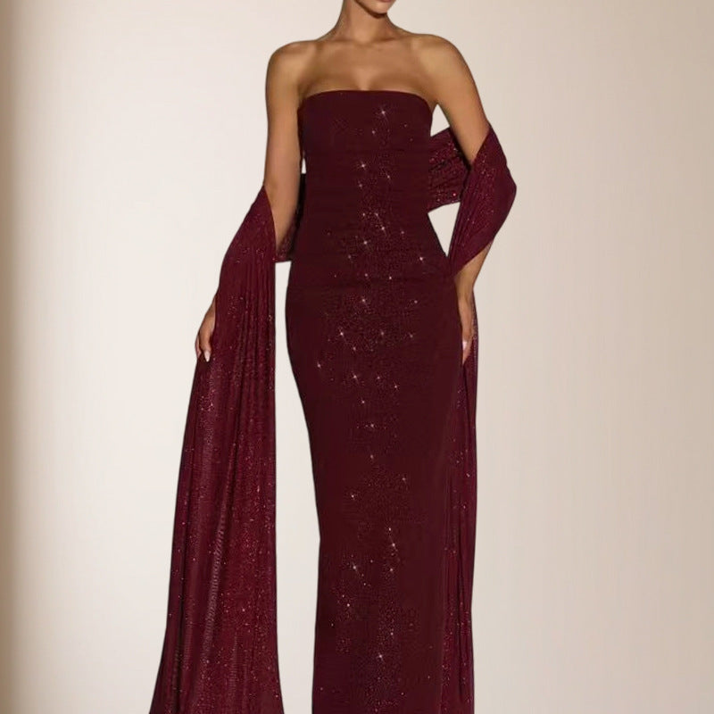 Damen elegantes Abendkleid mit schimmernden Pailletten und schulterfreiem Design EB