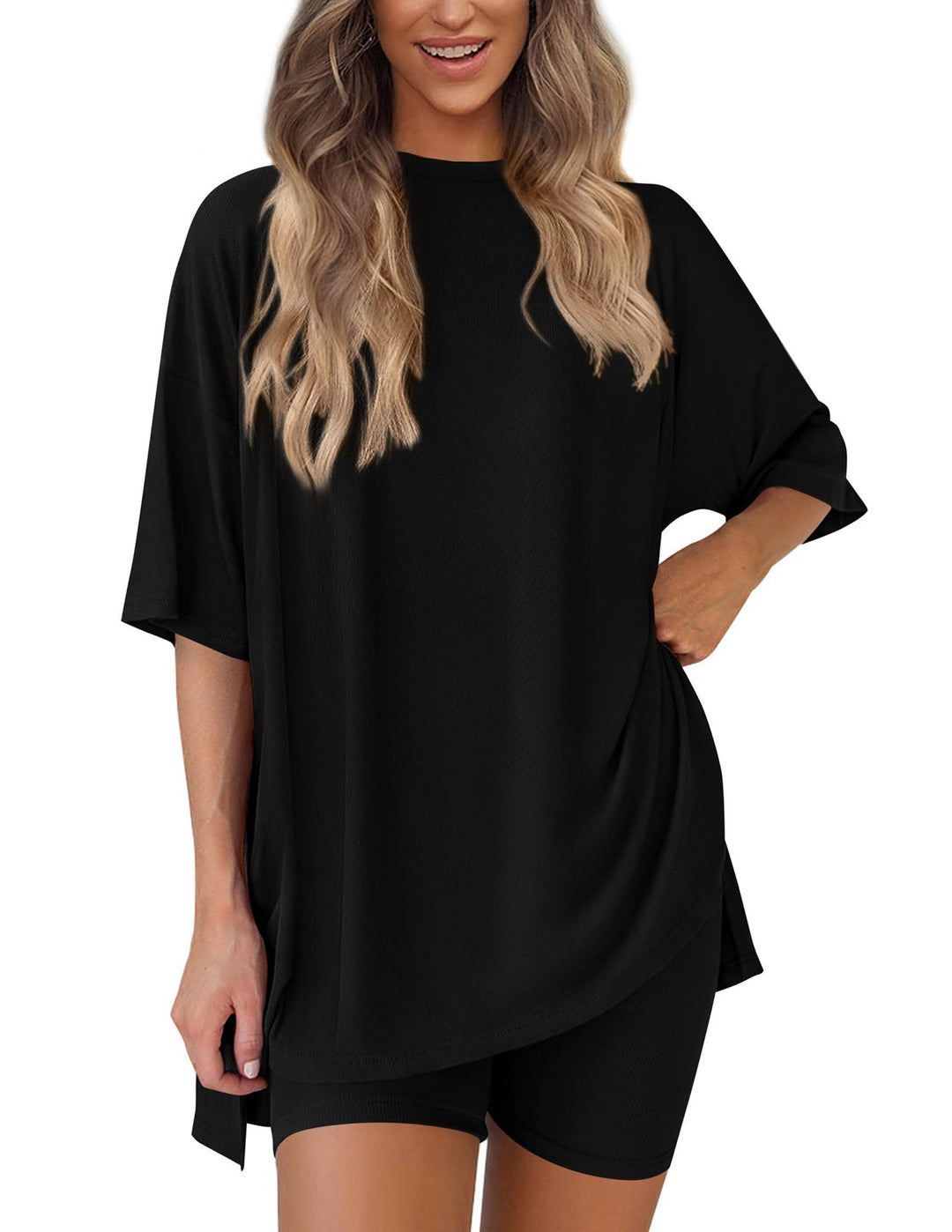 Damen Lässiges Lounge-Set mit übergroßem Oberteil und kurzen Hosen R&B