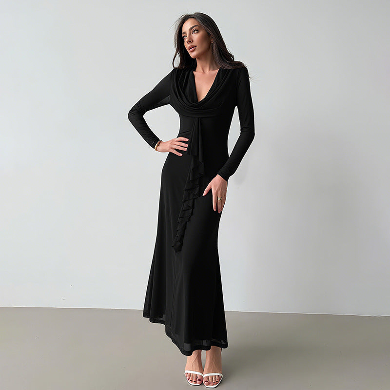 Damen Elegantes Maxikleid mit tiefem V-Ausschnitt und Rüschendetail R&B
