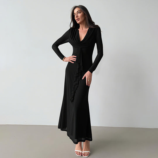 Damen Elegantes Maxikleid mit tiefem V-Ausschnitt und Rüschendetail R&B