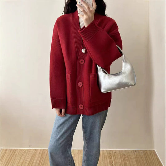 Damen Großer Strickcardigan mit tiefem V-Ausschnitt und praktischen Taschen R&B