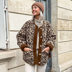Damen Kuschelweiche Leopardmuster Jacke mit Knopfverschluss und hohem Kragen R&B