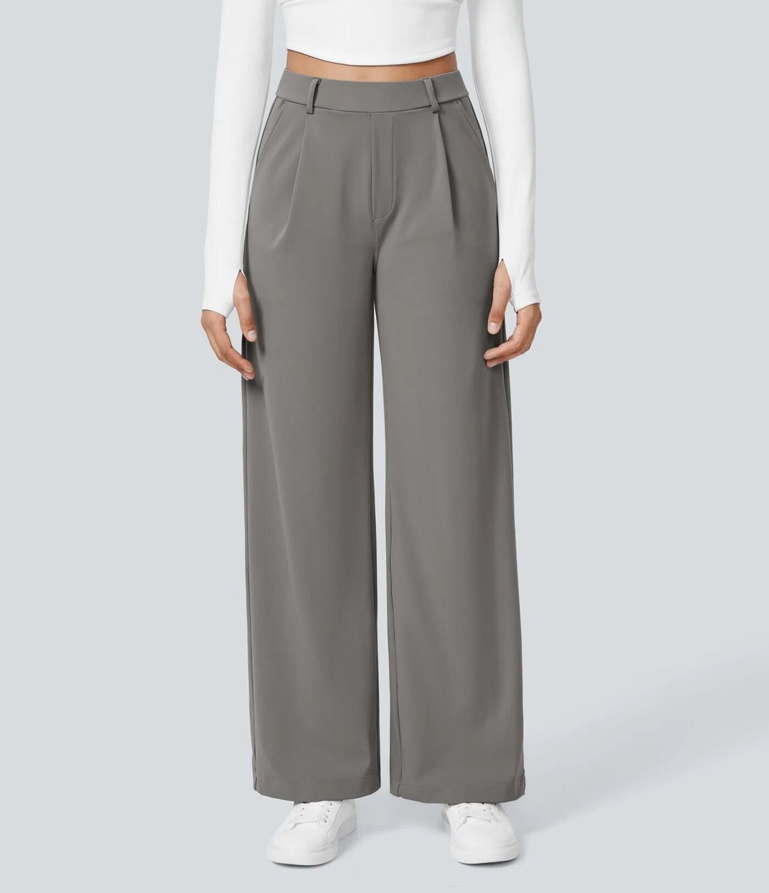 Damen nan hochgeschnittene Bundfaltenhose mit weitem Bein, Gürtelschlaufen und seitlichen Eingrifftaschen R&B