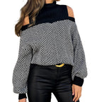 Damen Strickpullover mit Schulterfreiem Design und Stilvollem Zickzackmuster R&B