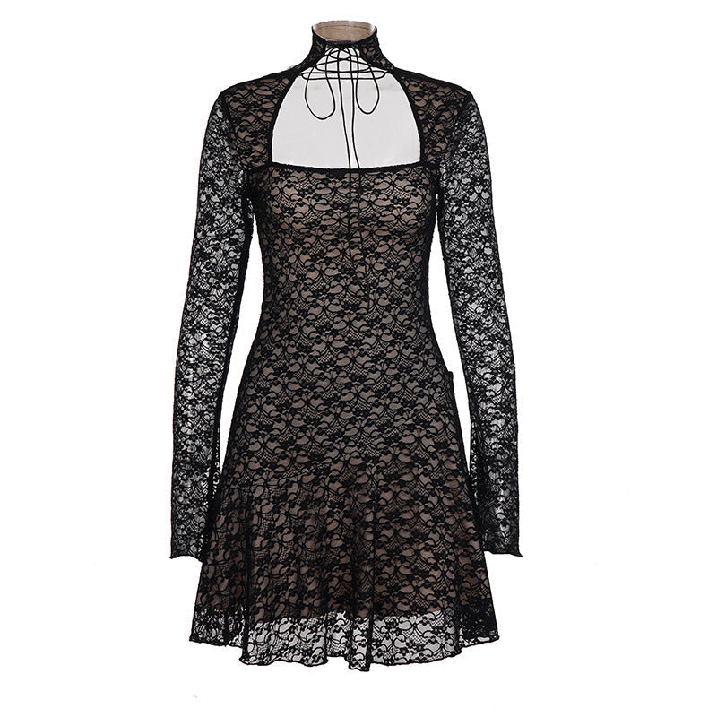 Damen Spitzenkleid mit kurzem Stehkragen und langen Ärmeln R&B