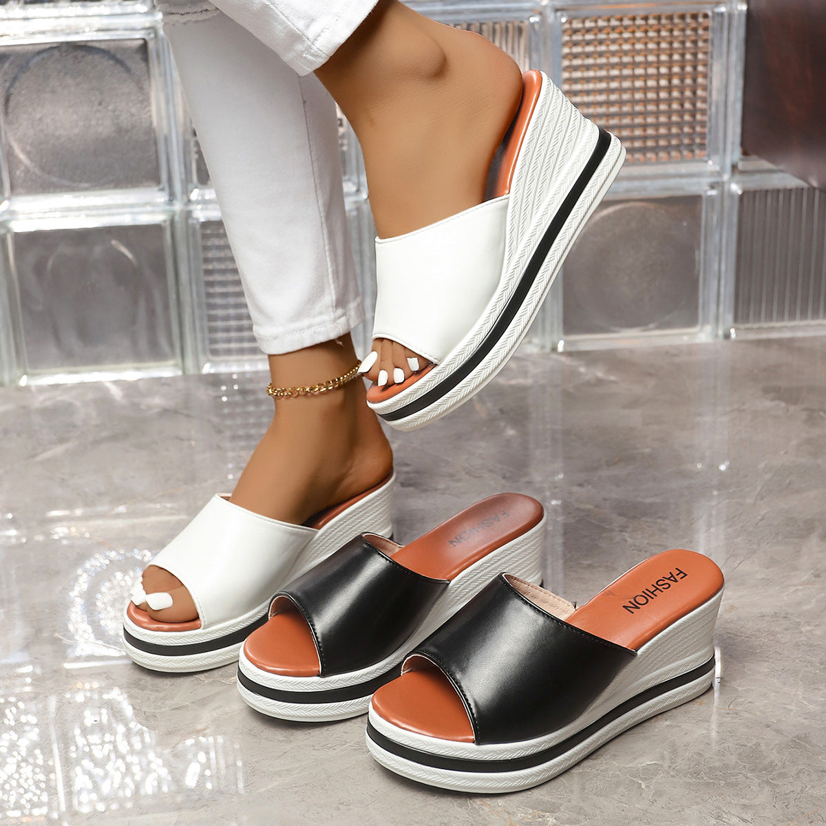 Damen Wedge-Pantoletten mit durchgehendem Plattform-Korkdesign R&B