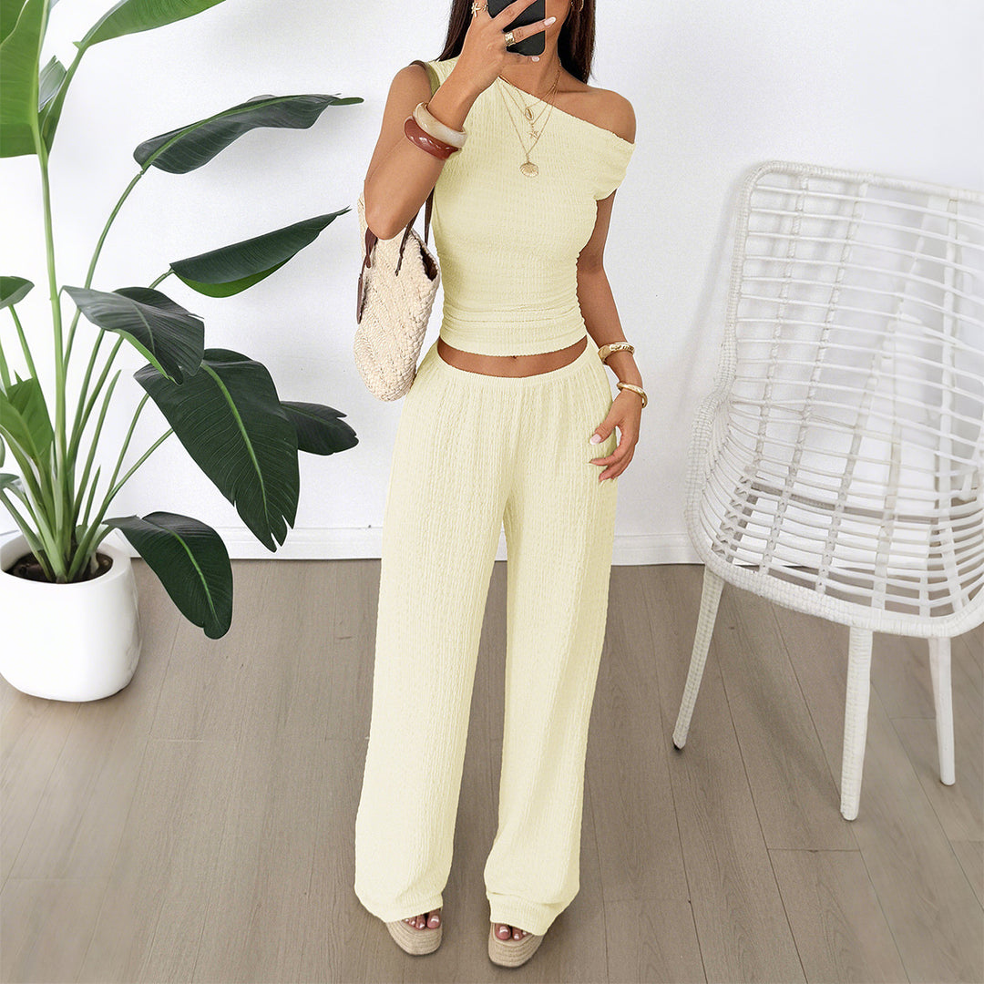 Damen Zweiteiliges Set aus elastischem Rippstoff mit asymmetrischem Top und weitem Hosen R&B
