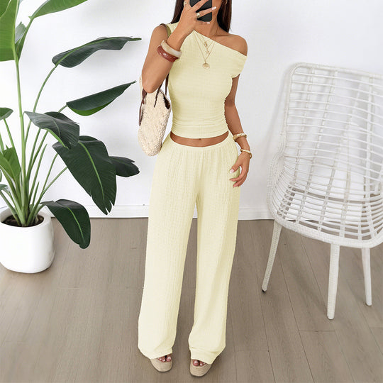 Damen Zweiteiliges Set aus elastischem Rippstoff mit asymmetrischem Top und weitem Hosen R&B