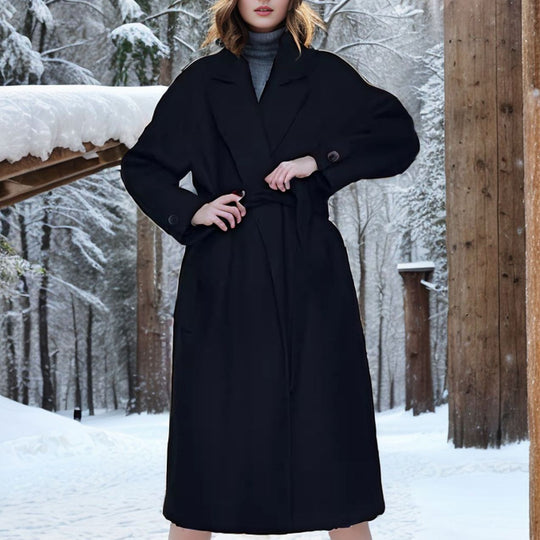 Damen eleganter langer Mantel mit breitem Revers und Gürtel R&B