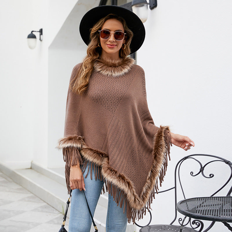Damen eleganter Poncho mit luxuriösem Kunstfellkragen und dekadenten Fransen R&B