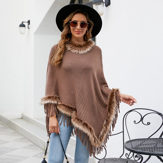 Damen eleganter Poncho mit luxuriösem Kunstfellkragen und dekadenten Fransen R&B