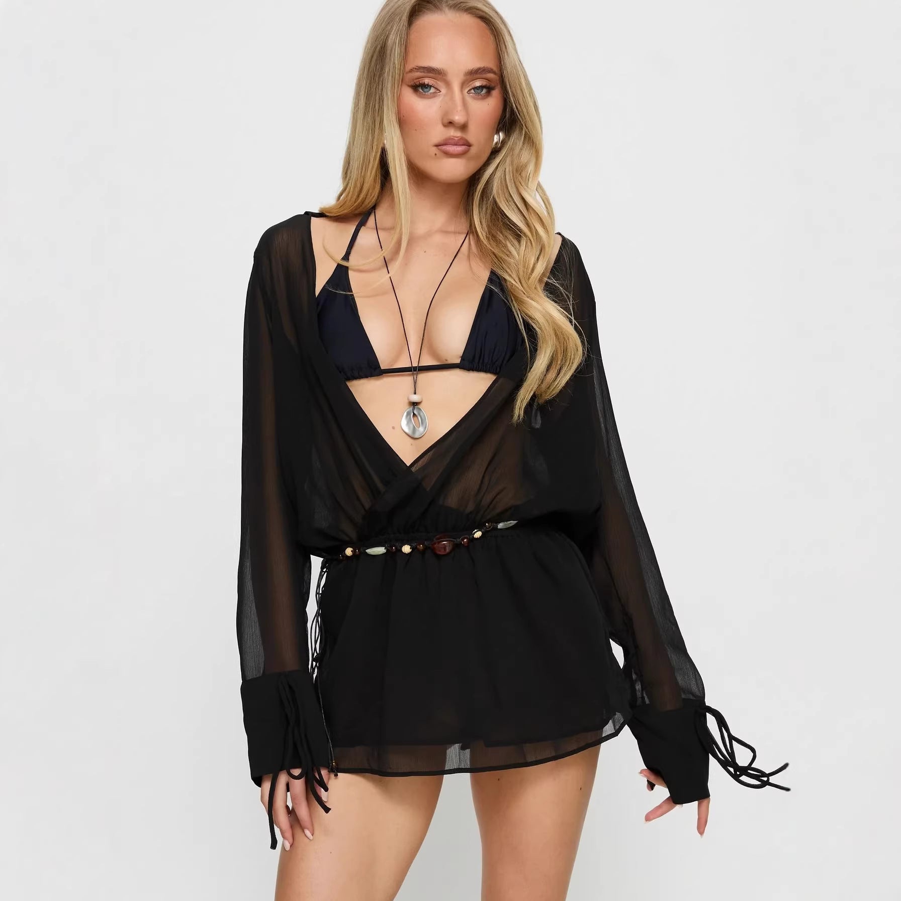 Damen lässige Chiffonbluse mit tiefem V-Ausschnitt und seitlichen Bändern R&B