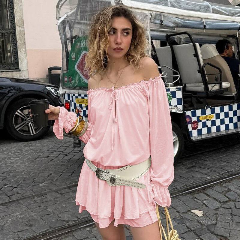 Damen Off-Shoulder Freizeitkleid mit schwingendem Rock und zarten Rüschendetails R&B