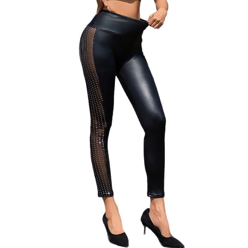 Damen Hochglänzende Leggings mit transparenten Mesh-Einsätzen und Strass-Detail R&B