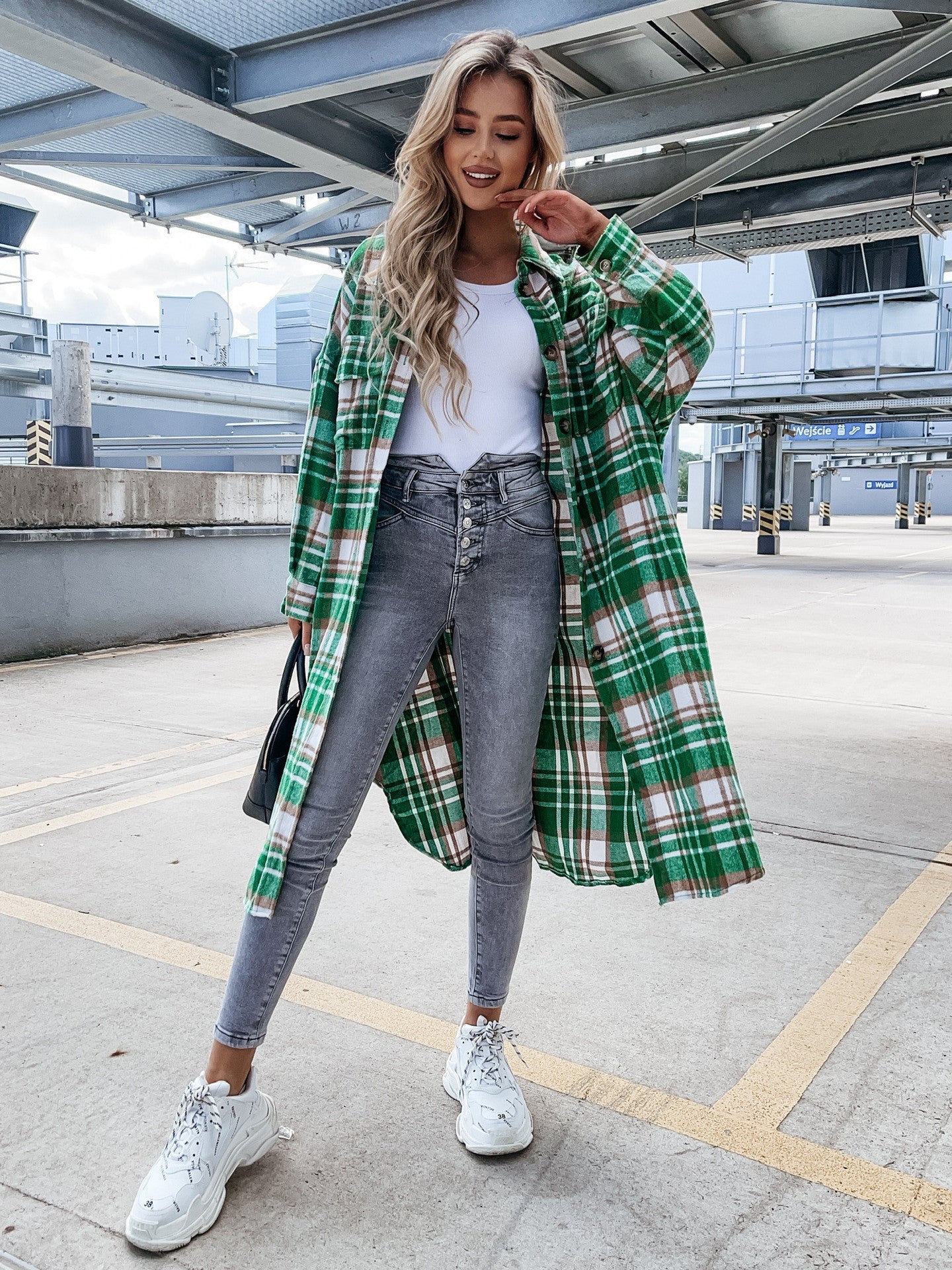 Damen lässige Karo-Hemdjacke mit asymmetrischem Schnitt und Taschen