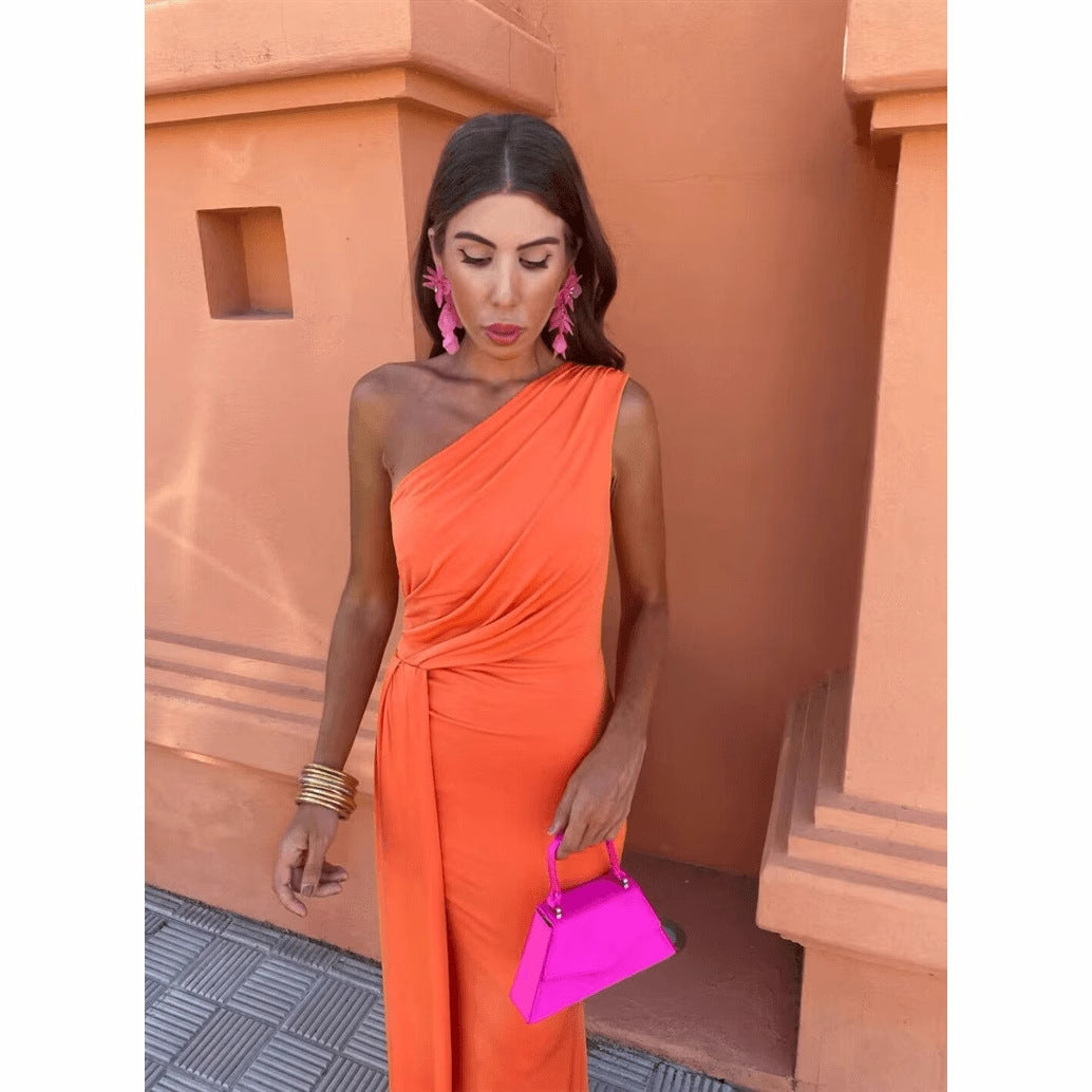 Damen Maxikleid mit asymmetrischem Ärmeldesign und eleganter Drapierung R&B