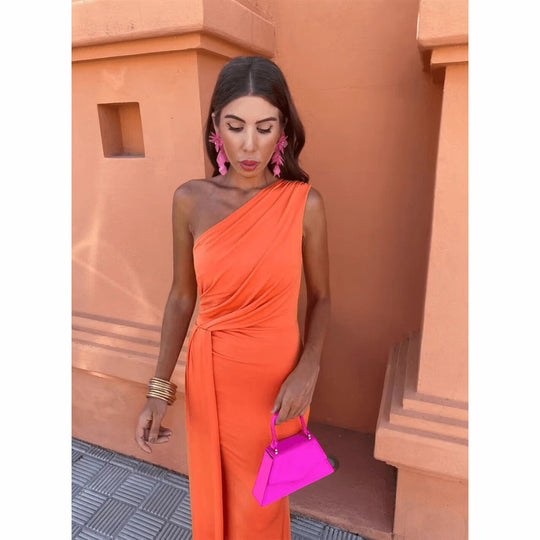 Damen Maxikleid mit asymmetrischem Ärmeldesign und eleganter Drapierung R&B