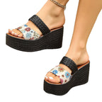 Damen Wedge-Pantoletten mit floralen Akzenten und geflochtenem Obermaterial