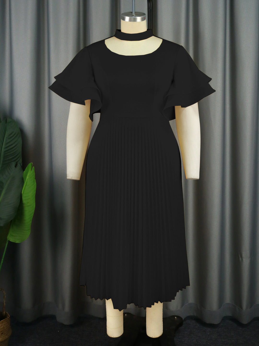 Damen Plissee Maxikleid mit Choker und voluminösen Ärmeln R&B