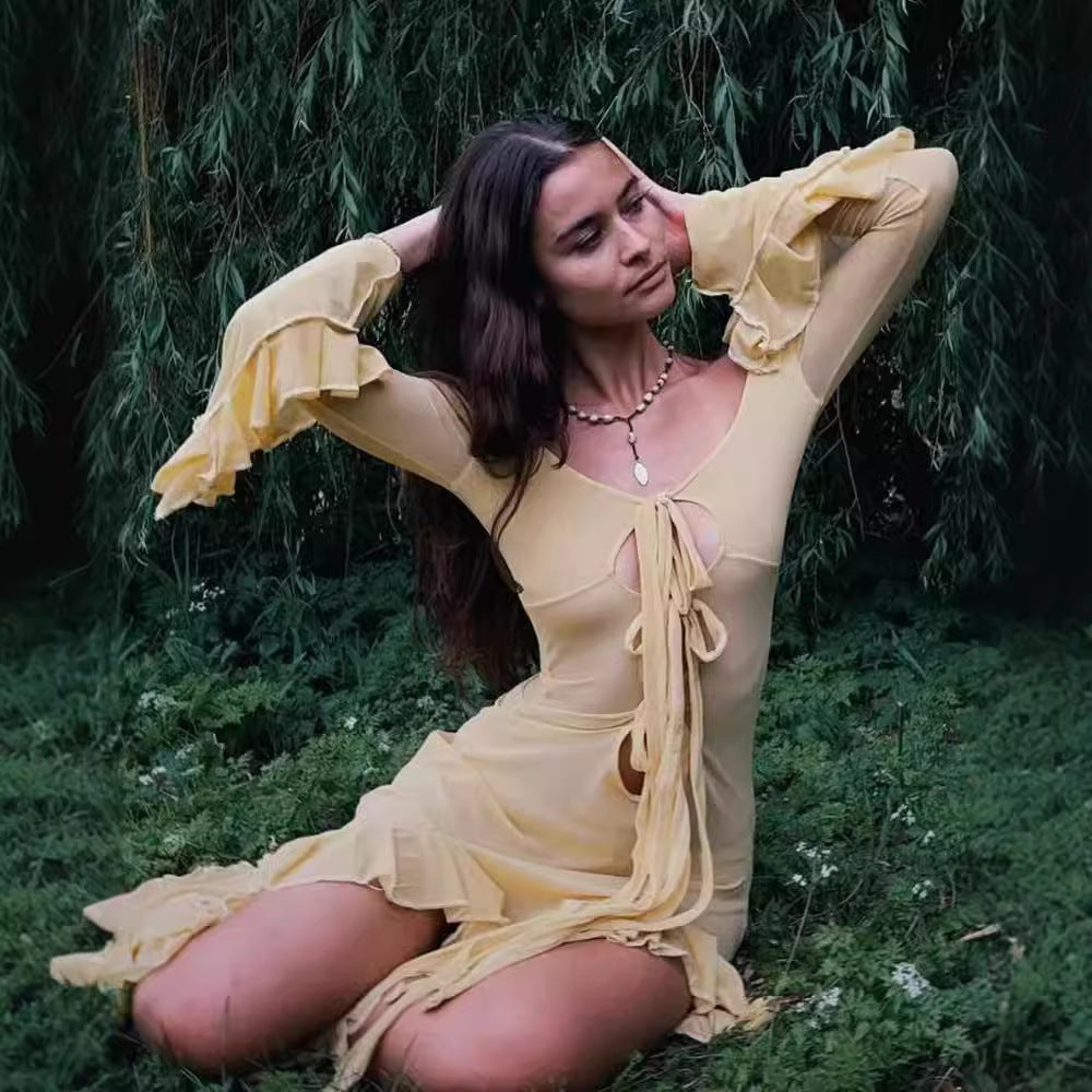 Damen Maxikleid mit raffinierten Rüschen und tiefem Ausschnitt R&B