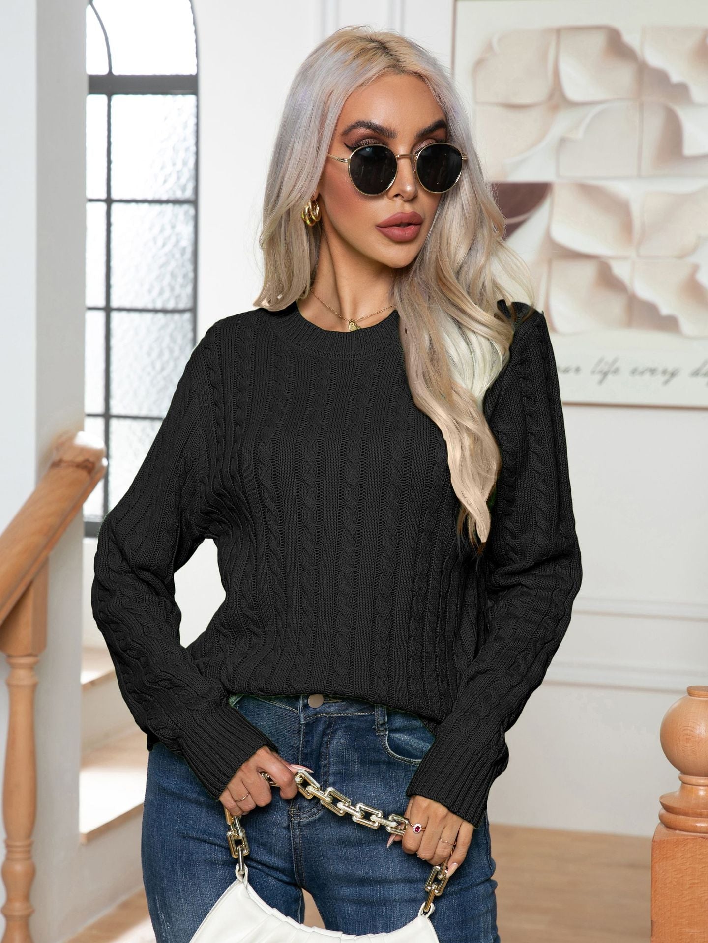 Damen Strickpullover mit Zopfmuster und weitem Ausschnitt R&B
