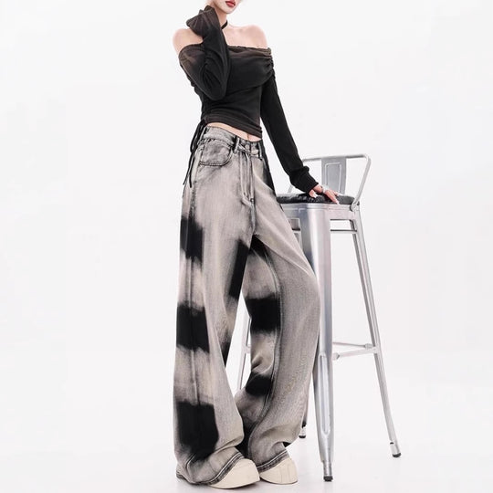 Damen Weite Designer-Jeans mit kreativen Batikmustern R&B