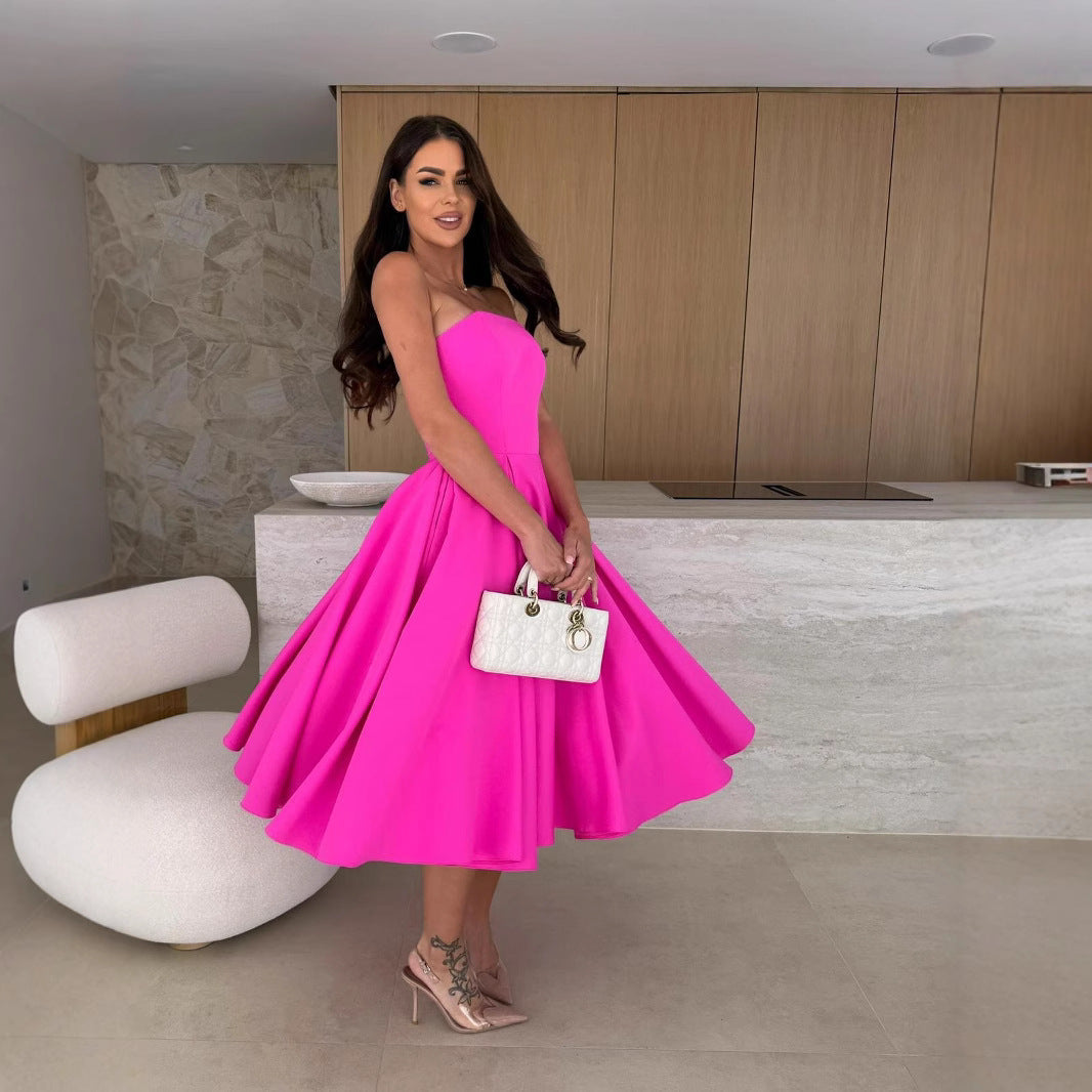 Damen A-linien Cocktailkleid mit trägerlosem Schnitt und schwingendem Rock R&B