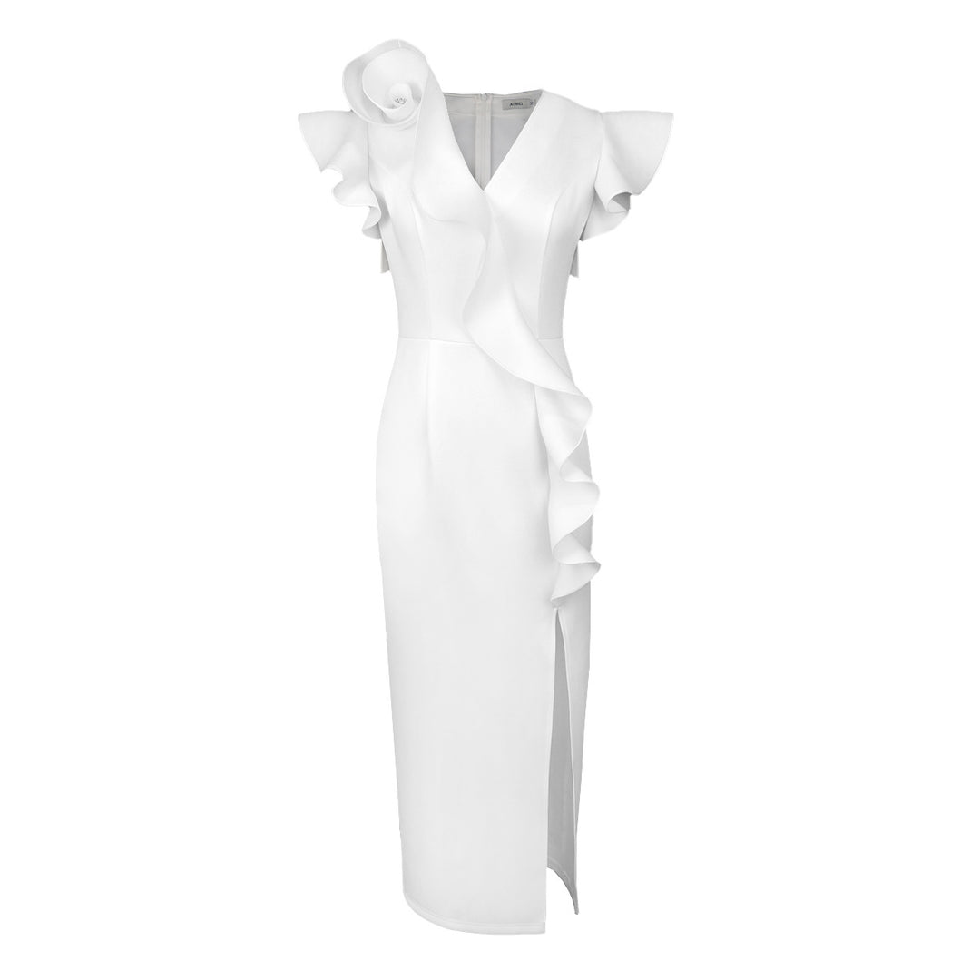 Damen Elegantes Midi-Kleid mit asymmetrischem Rüschen-Design und floralem Akzent R&B
